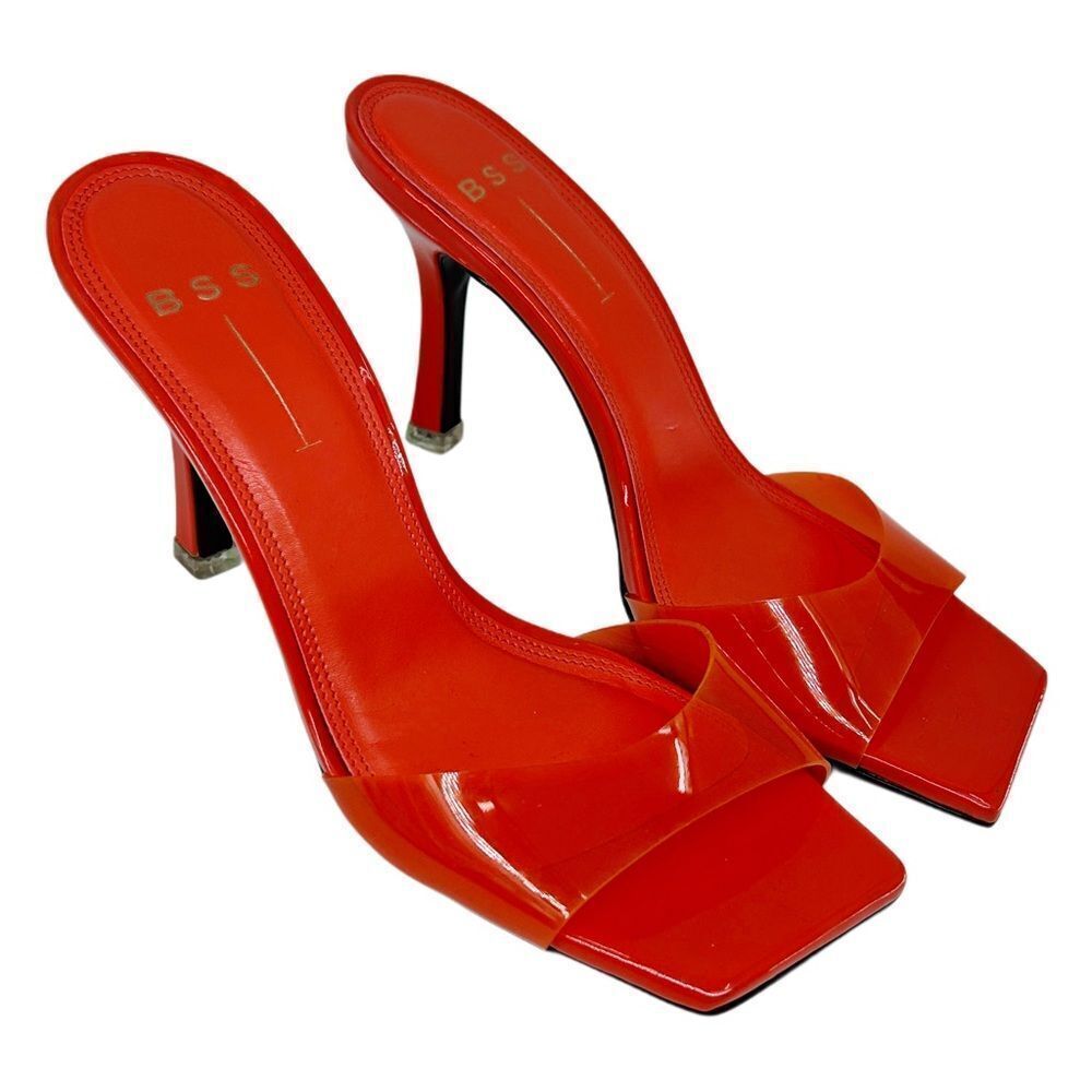 Black Suede Studio Women BSS Orange Transparent Square Toe Charlie Heel Size 7.5